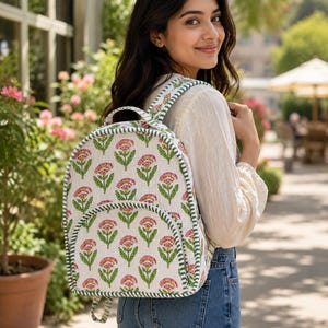Hand Block Printed Quilted Cotton Backpack, Boho Floral Travel Daypack, Lightweight Everyday Bag-Kids