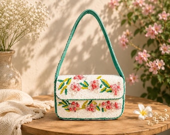 Handmade Beaded Floral Shoulder Bag | White Evening Purse with Pink Accents