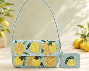 Hand Beaded Lemon Orange Shoulder Bag Coin Pouch | Canvas Fruit Handbag Summer Statement Bag
