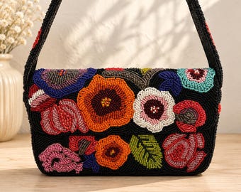 Hand Beaded Floral Shoulder Bag | Colorful Flower Purse | Beaded Crossbody |Statement Handbag | Handmade Evening Gift for Her