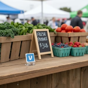May include: A market stall made of wood showcases fresh produce: kale, tomatoes, blueberries, and strawberries. A chalkboard sign reads "FRESH PRODUCE £3LB". A small sign with a blue and white logo is in the foreground.