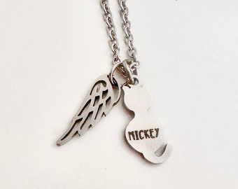 Cat Name Angel Wing Charm Necklace, Personalized