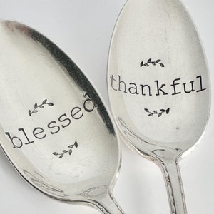 Blessed, Thankful | 2 Piece Serving Set | Set of Hand Stamped Vintage Serving Fork and Spoon