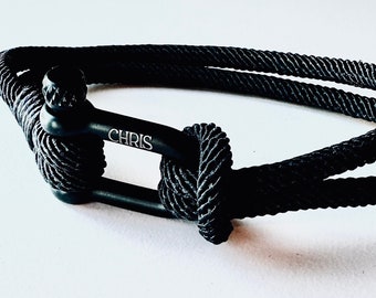 Men’s Engraved Bracelet, Engraved Cable Black Marine Rope