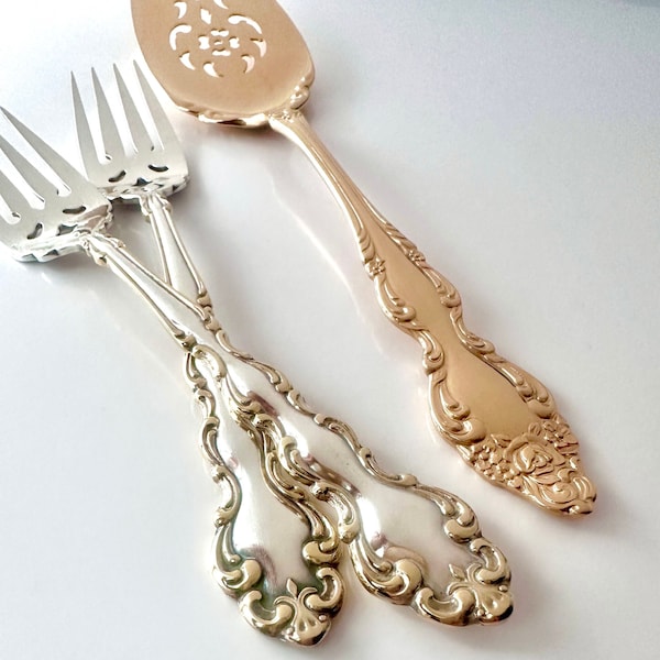 Vintage Cake Server and Fork Set, Silverplated, Mismatch Gold and Silver Found Pieces