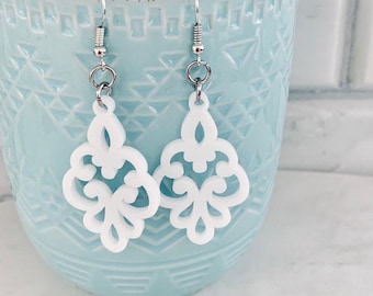 White Filigree Dangle Earrings, Caroline Style