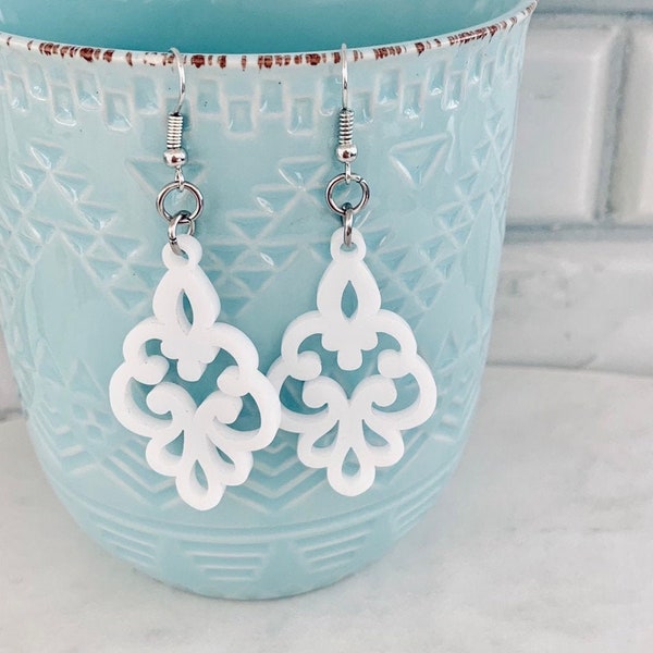 White Filigree Dangle Earrings, Caroline Style