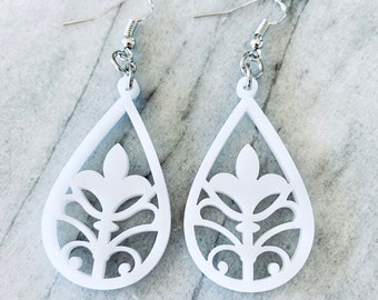 Teardrop Dangle Decorative Earrings, Lauren, White