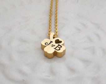 Four Leaf Clover Necklace Gold Personalized Hand Stamped Jewelry Shamrock Charm