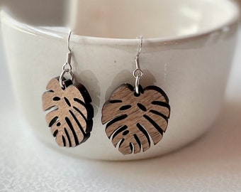 Walnut Wood Monstera Tropical Leaf Drop Earrings