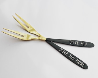 Olive You. Olive You More. Set of 2 Olive Appetizer Forks. Gold, Blue and Purple or Red and Green