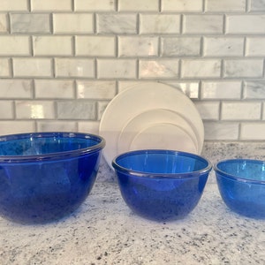 Set of 3 Arc France Cobalt Blue Glass Mixing Nesting Storage Bowls