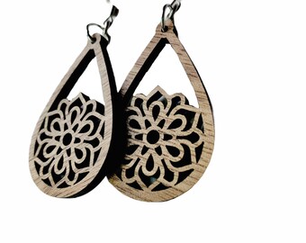 Mandala Flower Earrings, Wood Lightweight Ornamental Dangle Teardrop Earrings