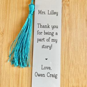 Bookmark, Personalized White Metal, Custom Wording, Teacher Principal Gift, Engraved with Tassel image 8