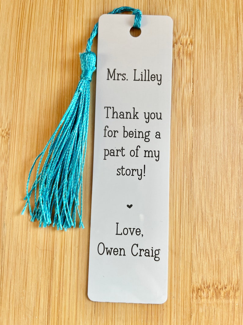 Bookmark, Personalized White Metal, Custom Wording, Teacher Principal Gift, Engraved with Tassel image 8