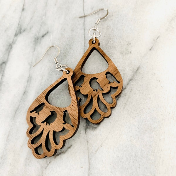 Three Little Birds, Wood Earrings Cutout Walnut