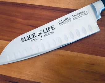 Slice of Life, Dexter Inspired, Engraved Knife, Santoku Ginsu