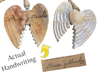 Memorial Angel Wings, Actual Signature, Christmas Ornament, Whitewash, Engraved Personalized Remembrance
