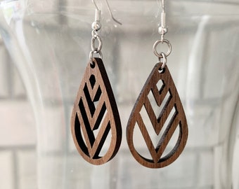 Wood Lightweight Chevron Drop Dangle Teardrop Earrings Walnut