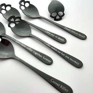 Your Wording- Black or silver Skull Engraved Steel Spoon, Personalized