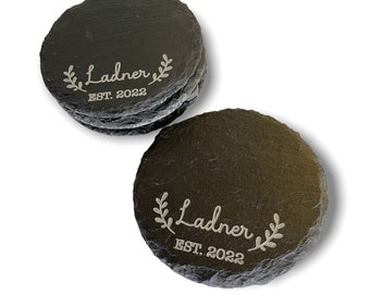 Set of 4 Slate Personalized Coasters, Circle, Engraved Last Name Set