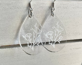Wildflower Earrings, Clear Acrylic