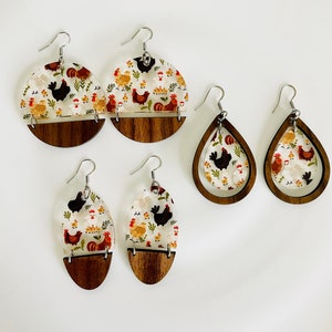 Chicken Earrings Walnut Acrylic Choose Shape Teardrop Circle, Oval Dangle Earrings image 3