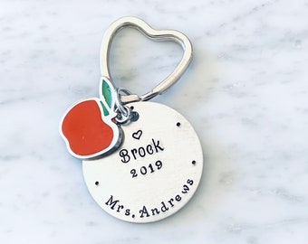 Personalized Teacher Gift, Apple Charm Hand Stamped Keychain