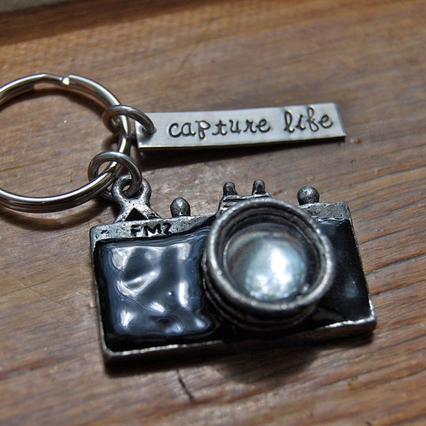 Camera personalized keychain, photographer hand stamped