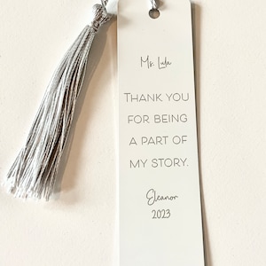 Bookmark, Personalized White Metal, Custom Wording, Teacher Principal Gift, Engraved with Tassel image 1