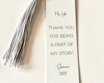 Bookmark, Personalized White Metal, Custom Wording, Teacher Principal Gift, Engraved with Tassel