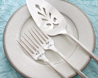 Mr. & Mrs. Forks and Cake Server Set,  "Beloved" Love Birds, Hand Stamped Vintage