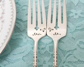 Mr. & Mrs. Lovebirds forks, vintage, hand stamped. Banbury.