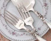Mr. & Mrs. Cake forks and cake server set. vintage wedding cake  "south seas" hand stamped