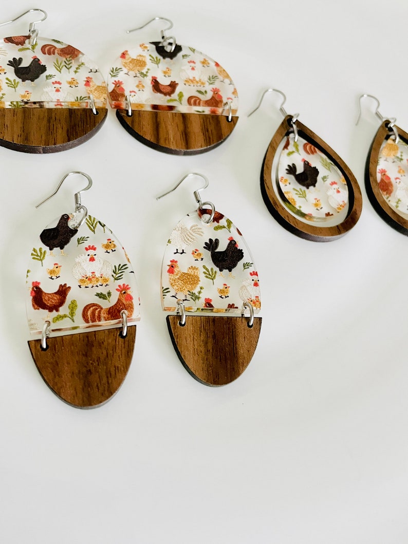 Chicken Earrings Walnut Acrylic Choose Shape Teardrop Circle, Oval Dangle Earrings image 2