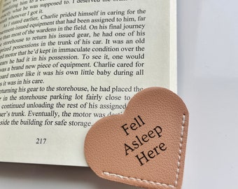 Fell Asleep Here, Bookmark Personalized Vegan Leather Heart Engraved