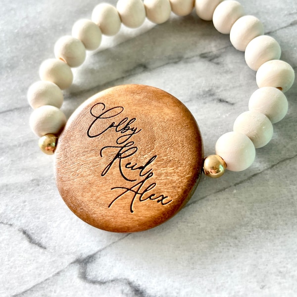 Beaded Wooden Bracelet | Personalized Engraved Beads | Wood