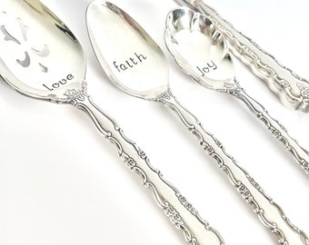 4 Piece Serving Set.  Charcuterie Board Spoon, Spreader, hand stamped, vintage silverplate utensils, found pieces