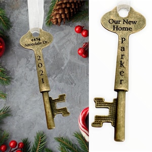 New Home Christmas Ornament,  Personalized Skeleton Key, Silver or Bronze