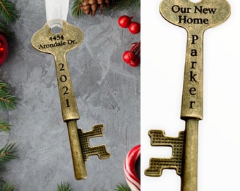 New Home Christmas Ornament,  Personalized Skeleton Key, Silver or Bronze