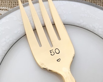 50: Gold Anniversary vintage serving fork, hand stamped, 50 golden