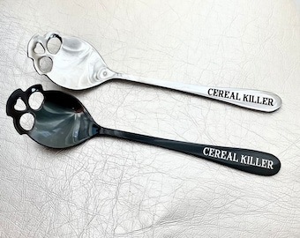 Cereal Killer. Black Skull Engraved Steel Spoon