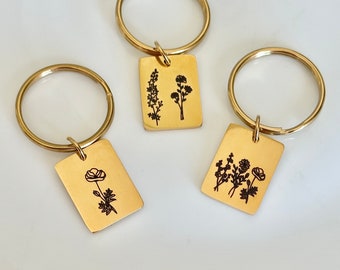 Birth Month Flowers Keychain, Gold Personalized