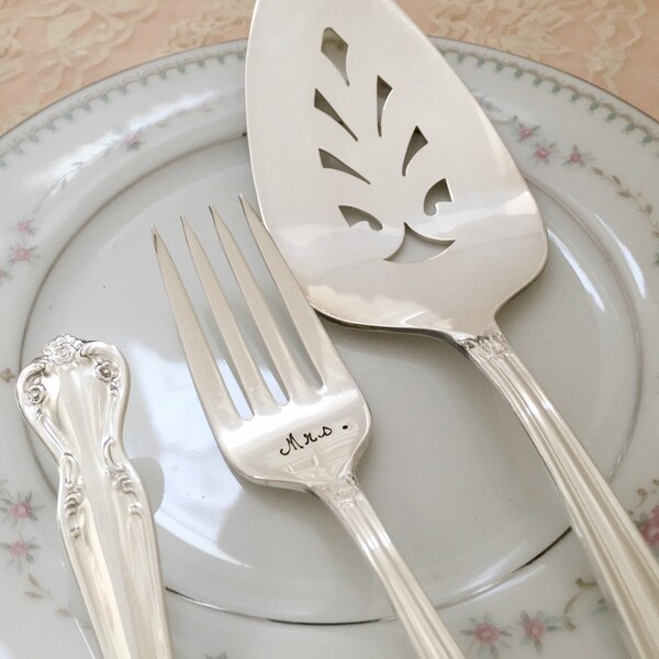 Mr. & Mrs. Vintage Forks and Cake Server Set Wedding  "Daybreak", Hand Stamped Engraved