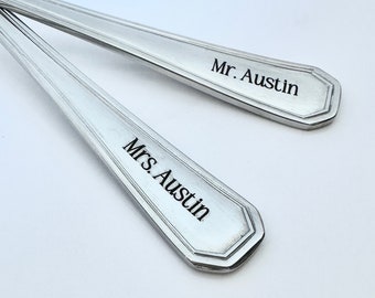 Personalized Mr. and Mrs. Forks, Custom Engraved Names for Wedding Cake