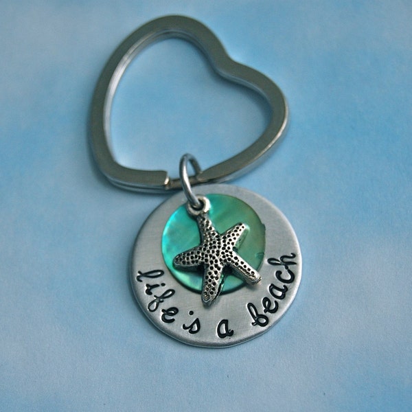 Life's a Beach, hand stamped shell stacked Keychain