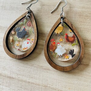 Chicken Earrings Walnut Acrylic Choose Shape Teardrop Circle, Oval Dangle Earrings Teardrop Hoop