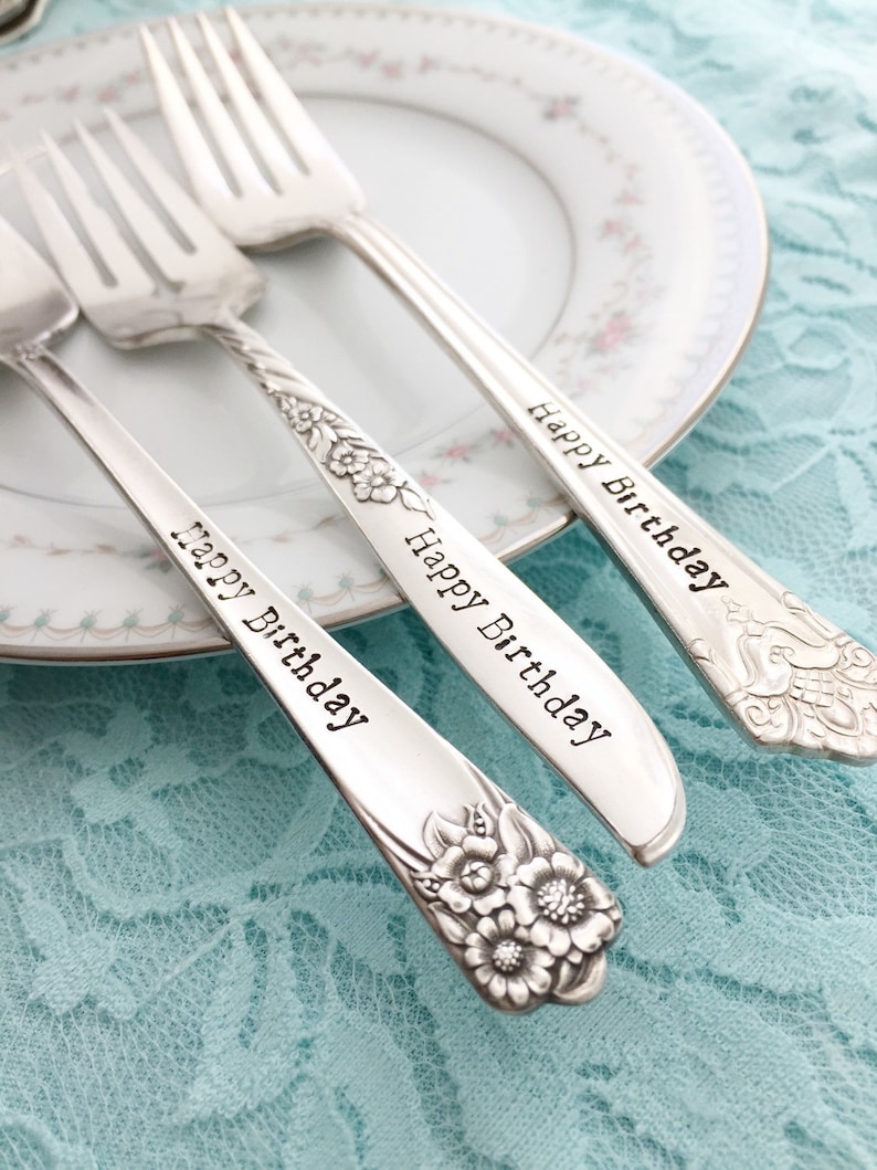 Pick your pattern style hand stamped sweet vintage keepsake tradition Happy Birthday fork..