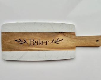 Personalized Serving Cutting  Board, Acacia Wood and Marble Paddle Style