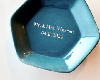 Personalized Mr. & Mrs. Wedding Date Ring Tray, Name Engraved, Blue or Pink Hexagon